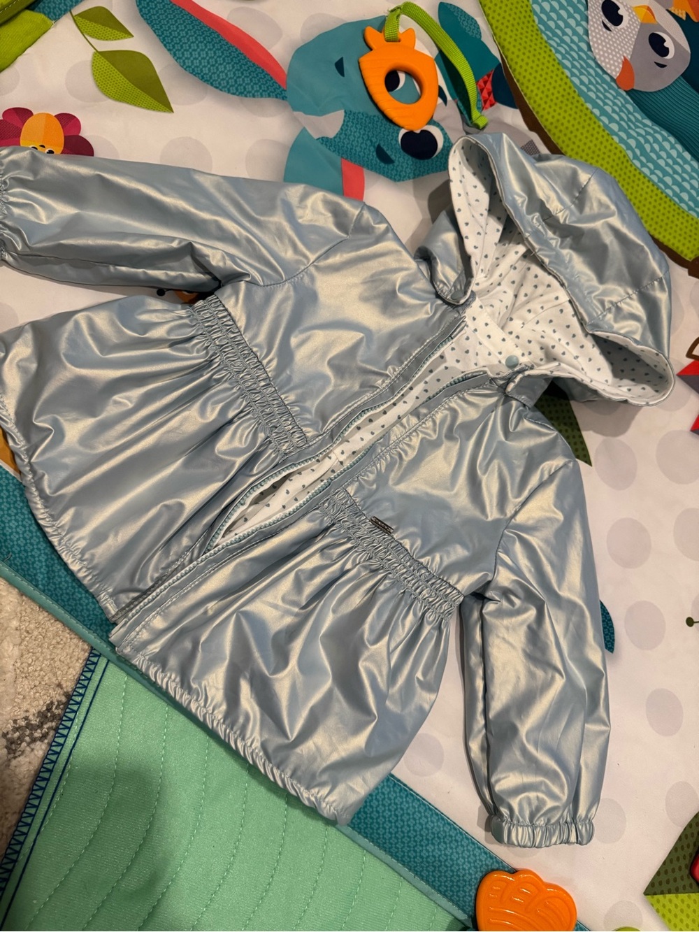 Silver Toddler Hooded Rain Jacket - Polka Dot Lining